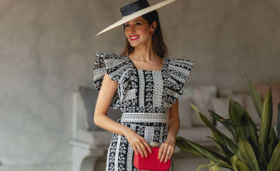 Conjunto para invitadas en blanco y blanco y negro con bordados 