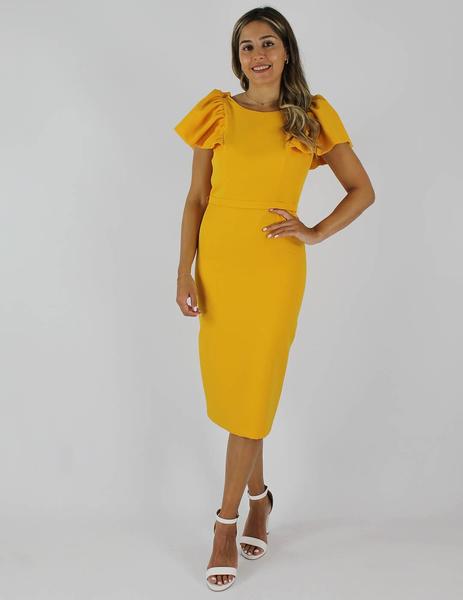 Vestido amarillo brocado con volante largo midi