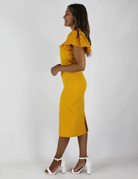 Vestido amarillo brocado con volante largo midi