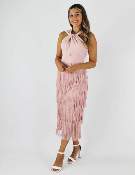 mayoria Barra oblicua maestría Vestido halter flecos nude