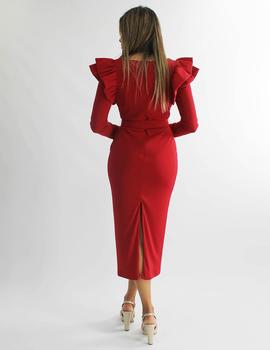 Vestido midi mangas volante rojo