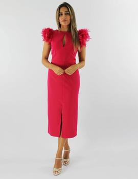 Vestido midi plumas fucsia