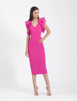 Vestido midi manga abullonada fucsia