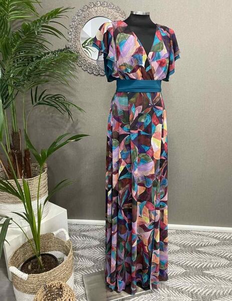 Vestido INMA largo petróleo con estampado multicolor