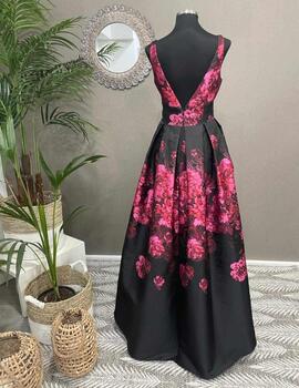 Vestido ENYA brocado fucsia negro