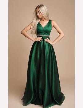 VESTIDO LARGO RASO VERDE BOTELLA