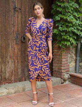 Vestido midi estampado naranja/morado