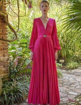 VESTIDO PLISADO MANGA LARGA FUCSIA