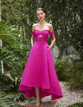 VESTIDO MIDI VUELO FUCSIA