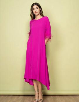 VESTIDO PLUMAS PIEDRAS FUCSIA