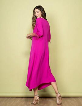 VESTIDO PLUMAS PIEDRAS FUCSIA