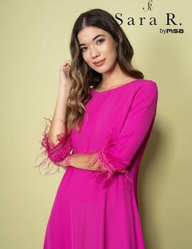 VESTIDO PLUMAS PIEDRAS FUCSIA