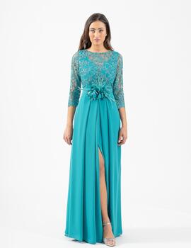 VESTIDO GUIPUR FALDA GASA TURQUESA