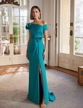 Vestido MARFIL escote barco turquesa