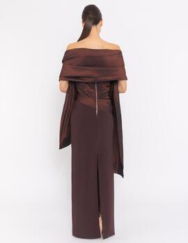 VESTIDO LARGO CON FOULARD MARRON