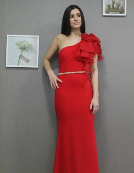 Vestido largo volante organza en rojo