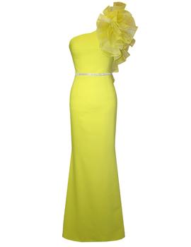 Vestido largo volante organza en amarillo lima