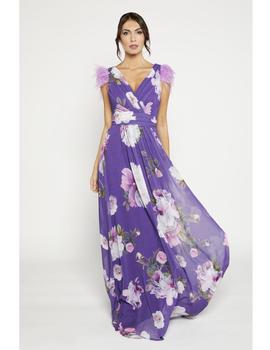 Vestido Leire morado estampado  plumas