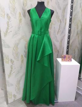 Vestido SONIA PEÑA largo liso cinturon verde