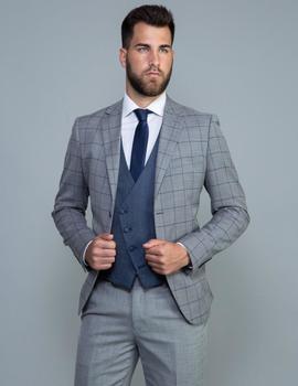 Traje con chaleco LINO CLEMENTE Zar gris cuadros azules