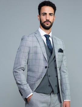 Traje con chaleco LINO CLEMENTE Zar gris cuadros verdes