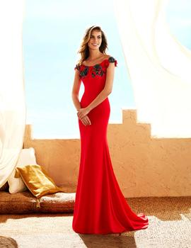 Vestido largo MARFIL corte sirena y encaje rojo