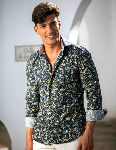 aterrizaje Con rapidez Caballero Camisa estampada Carlos Cordoba 62480 azul para hombre