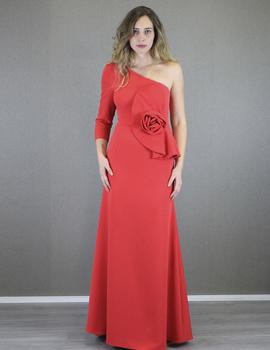 Vestido largo con aplique floral en rojo