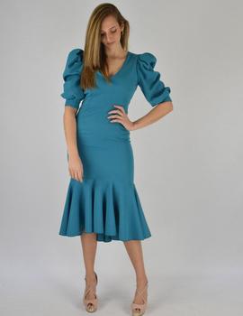 VESTIDO MIDI VOLANTE TURQUESA