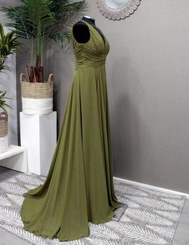 Vestido largo drapeado abertura oliva