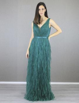 Vestido encajey plumas verde