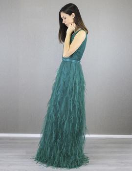 Vestido encajey plumas verde