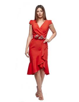 Vestido midi con volante rojo